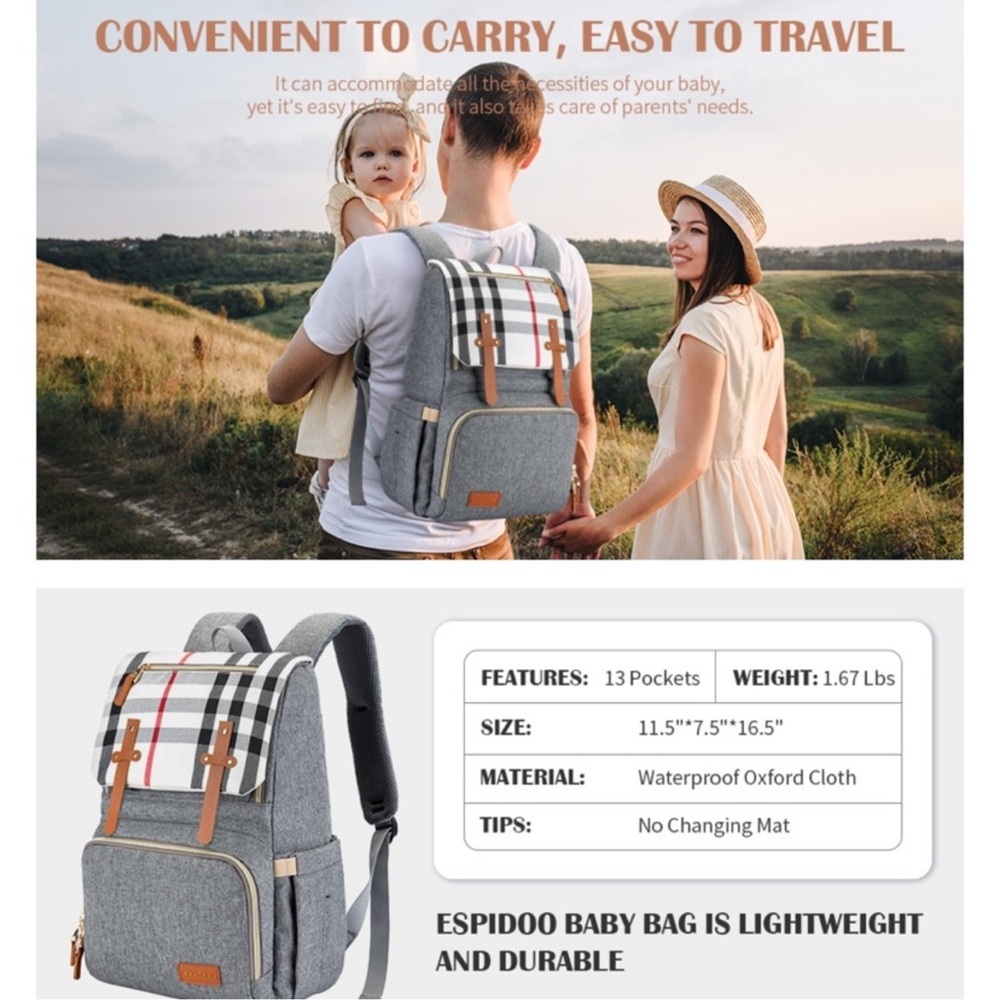 Espidoo Diaper Bag Stylish Gray Backpack with Tan Accents - Picture 4 of 10